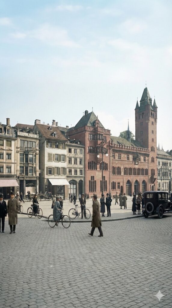Marktplatz Basel um 1930 – KI-Rekonstruktion“ 1 Basel Marktplatz 1930
